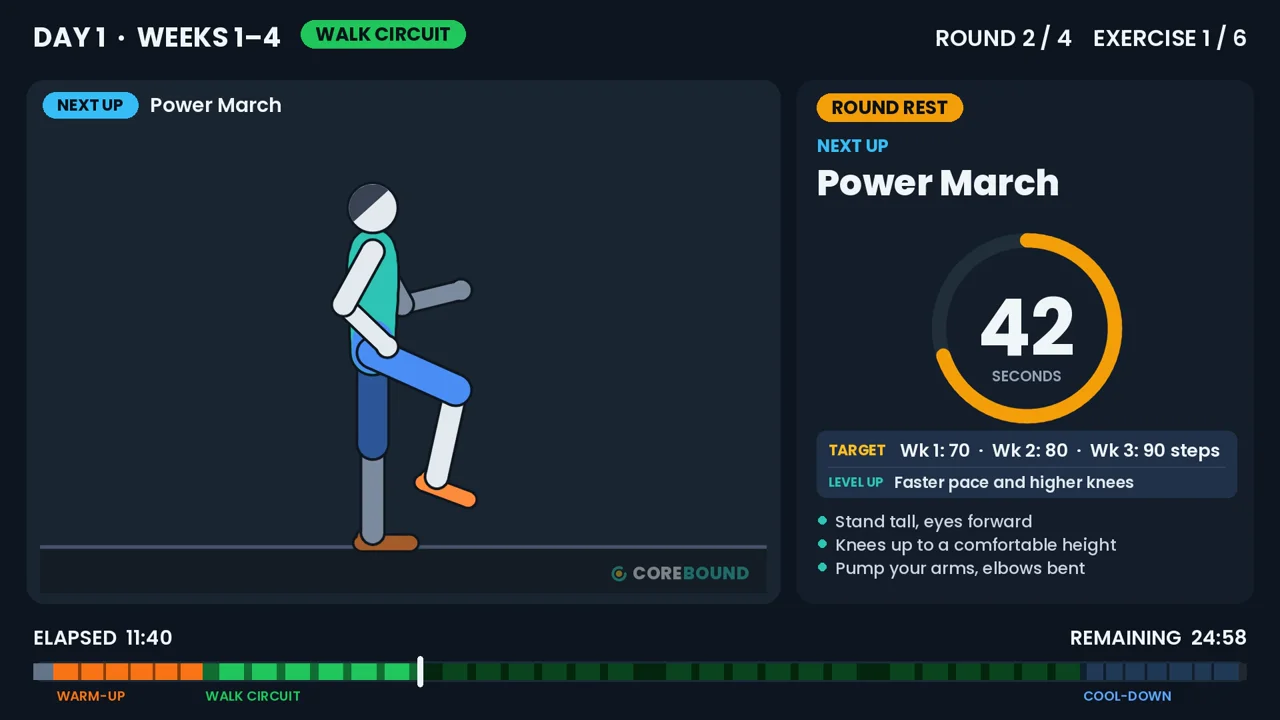 Coach Cole demonstrating a move in a Walk at Home follow-along video